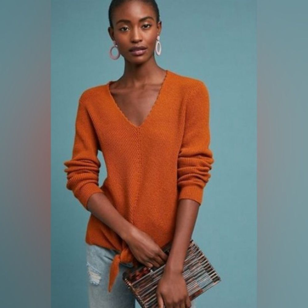 Moth By Anthropologie Size S Rust Orange V-Neck Sweater with Front Tie Waist GUC